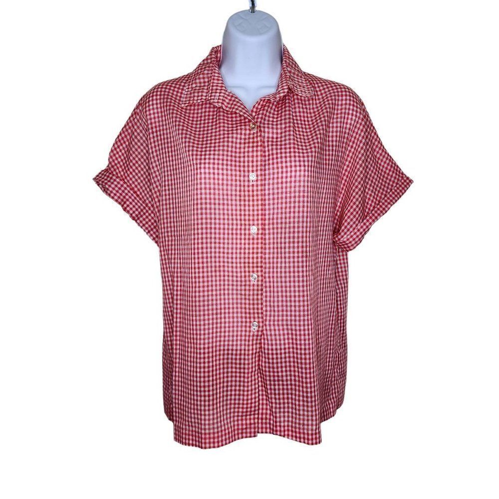 Vintage 60s Gingham Check Blouse Top Womens Size L Red White Country Western Pin